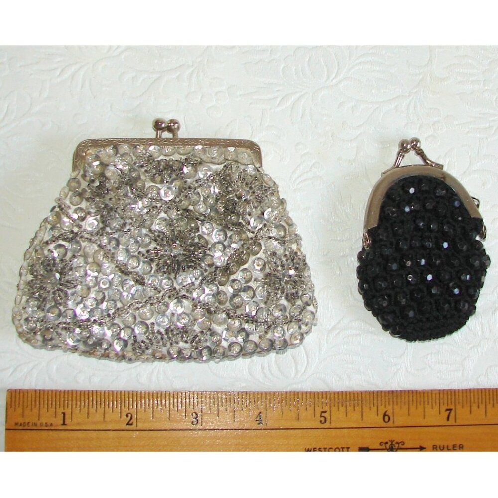 Vtg Jem Beaded Silver COIN PURSE, Kiss Lock, Hong Kong, +Small Black Unmarked